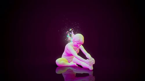 Animation 3D conceptuelle d'une femme pratiquant le yoga janu sirsasana avec des papillons volants