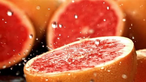 Fresh Grapefruit Halves and Splashing Water Close-up
