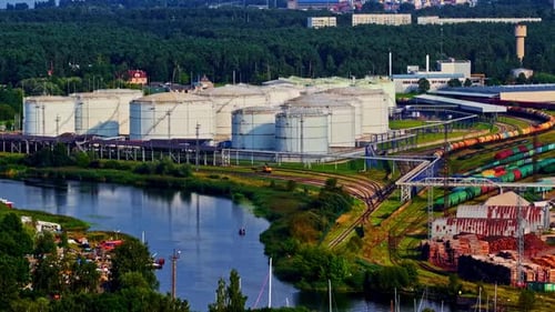 Drone View of Storage Tanks at Riga Baltic Sea Port on Daugava River