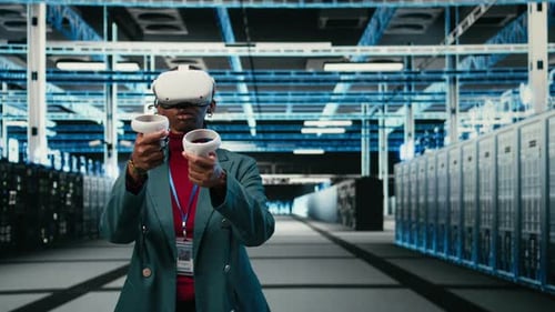 Data Center System Administrator Uses VR Headset Gear and AR Simulation