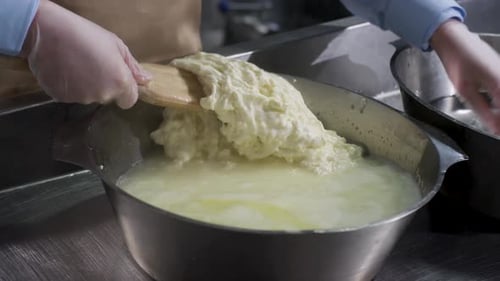 Cheesemaker Preparing Fresh Mozzarella in a Stainless Steel Bowl