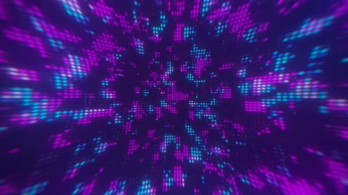 Abstract blue and purple neon light particle tunnel technology background