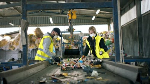 Recycling Plant Workers Sorting Materials on Conveyor Belt