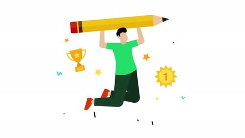 Flat Design Achievement Animation with Person, Pencil, and Trophy