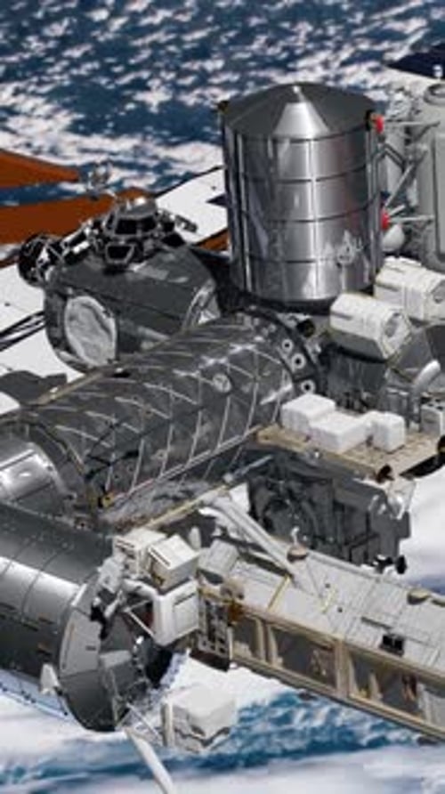 Realistische 3D-Animation der sich drehenden Internationalen Raumstation ISS