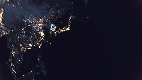 Realistische digitale Erdumlaufbahn und Zoom, leuchtende Landesflagge, eingebettet in die Grenzen Südkoreas