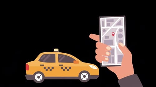 Taxi Order With Smartphone Application And Safe Drive Yellow Cartoon Car Alpha Channel