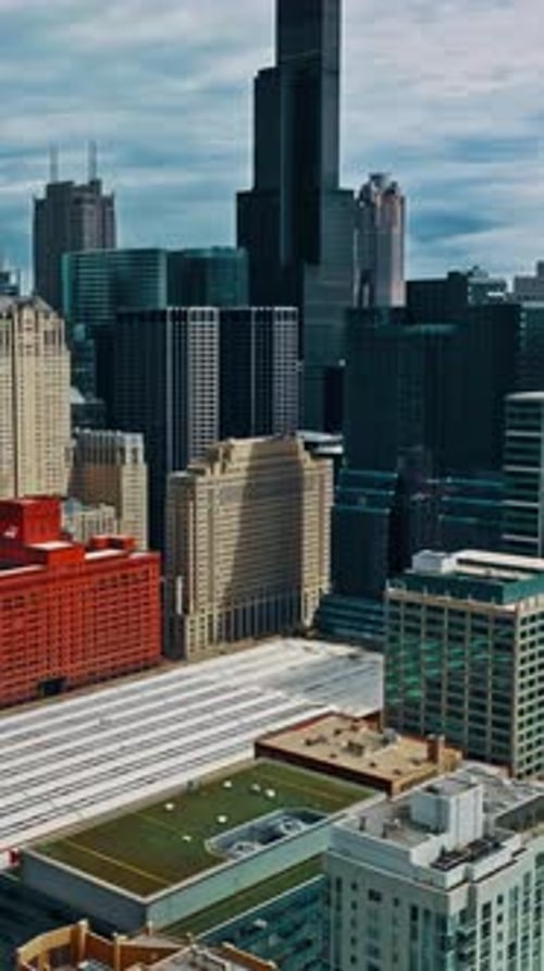 Aerial view of Chicago skyline with iconic architecture