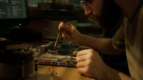 Mann repariert die Computer-Hauptplatine sorgfältig mit einem Lötkolben am Schreibtisch