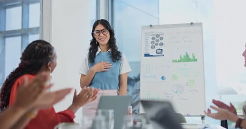 Business people, applause and presentation with charts for success, data analytics