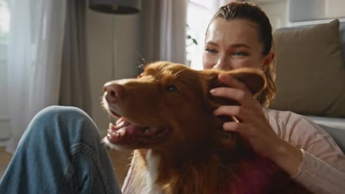 Woman Touching Dog Ears Enjoying Time Together Home Close Up Girl Caressing Pet