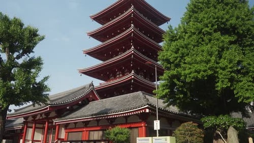 Five-Story Pagoda At Sensoji Asakusa Temple During Daytime In Tokyo, Japan. tilt-up