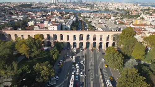historical Bozdogan aqueduct and traffic