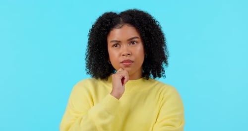 Thinking, idea and yes with face of woman on studio for solution, success and problem solving