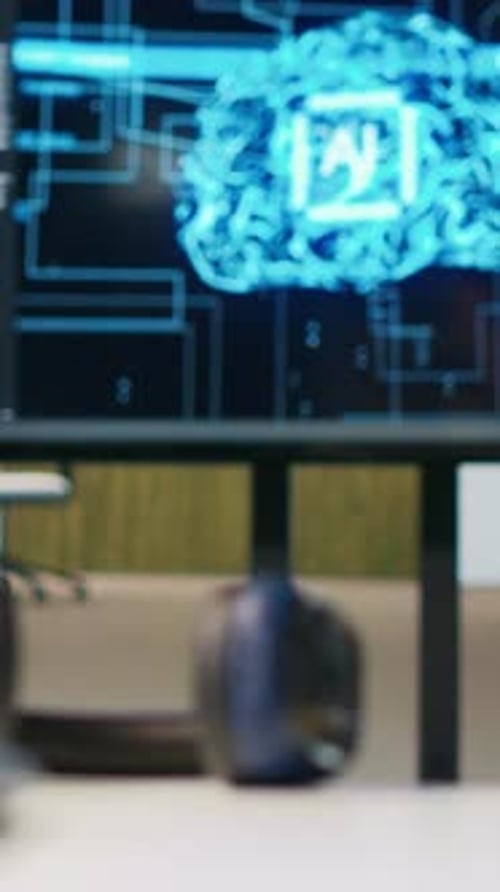 El monitor vertical de vídeo para PC en el escritorio de una empresa emergente muestra redes neuronales de inteligencia artificial