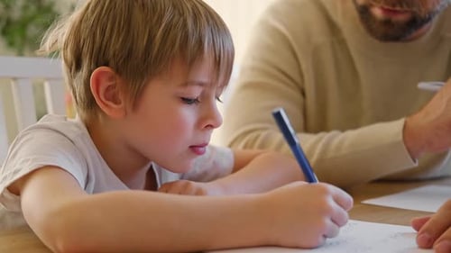Dad Teaches His Son Writing and Counting Kids Primary Education Children Learn Study in Home School