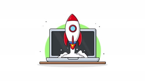 4k Laptop with Rocket. Business Startup Concept Animation Video