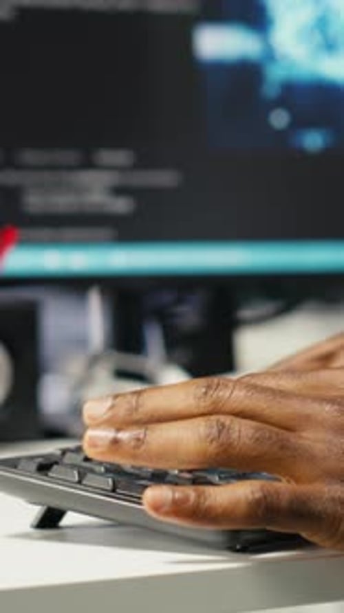 Vertical Video Data Center Computer Scientist at Desk Using AI Deep Learning Algorithms