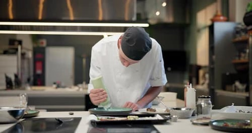 Man, chef and preparation plate or presentation for culinary food for fine dining cooking