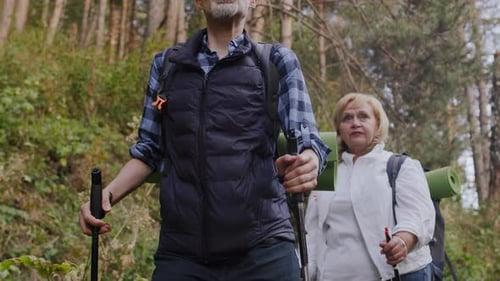 Mature Couple Hiking in a Forest With Walking Sticks
