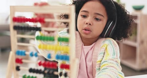 Education, elearning and girl with headphones and abacus, counting and math with school