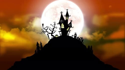 Halloween Night Haunted House with Bats and Full Moon Animation