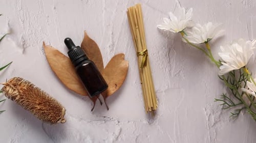 Eucalyptus Essential Oils in a Glass Bottle with Green Leaf on White Background