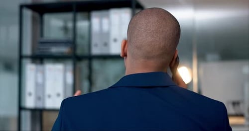 Man, back and phone call in office with networking, discussion and business talk