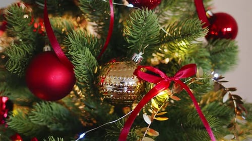 Sparkling decorated Christmas tree close up.