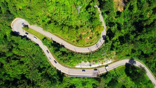 Aerial view over the mountain winding road