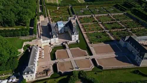 Aerial Pan Left Revealing the Stunning Chateau De Villandry and Its Gardens