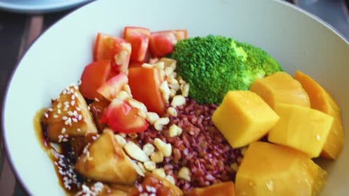 Colorful Plant Based Dish Presenting Vegetarian Protein Fresh Produce Grains Green Smoothie Topped