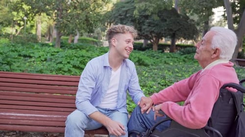 Young adult grandson holding hands and talking with a senior grandfather in a wheelchair in a park