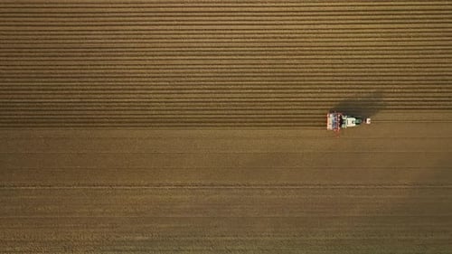 Aerial View of a Tractor Plowing Long Rows in Fields