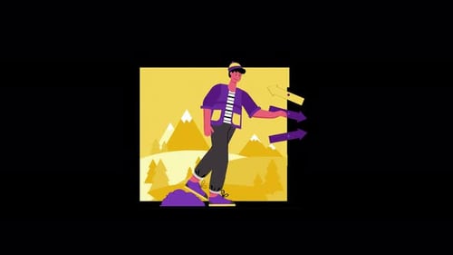 Animated Hiker At Crossroads Signpost With Multiple Directions