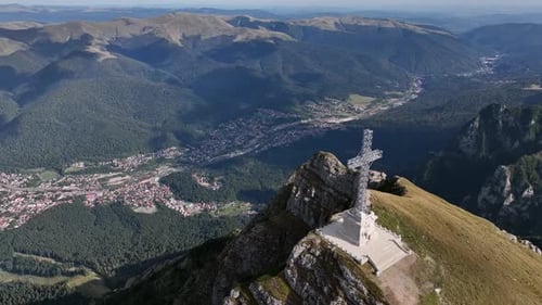 View of the Cross of Heroes on Mount Caraiman in the Bucegi Mountains, Romania