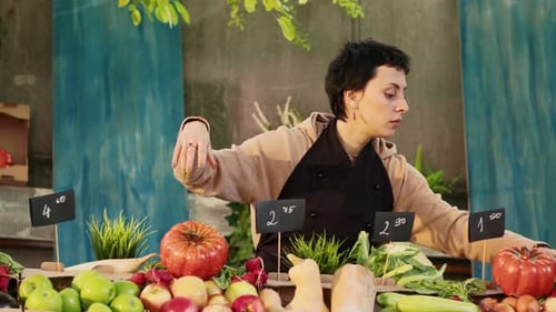 Woman Stand Holder Wearing Apron Running Farmers Market Counter