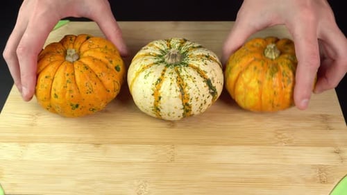 Gourds and Pumpkins on a Cutting Board