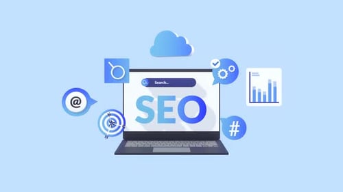 Animated SEO Digital Marketing Concept on Laptop Screen