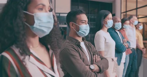 Face mask, office and group of business people for disease by building for protection