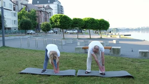 Active Senior Couple Stretching in Park by the Lake