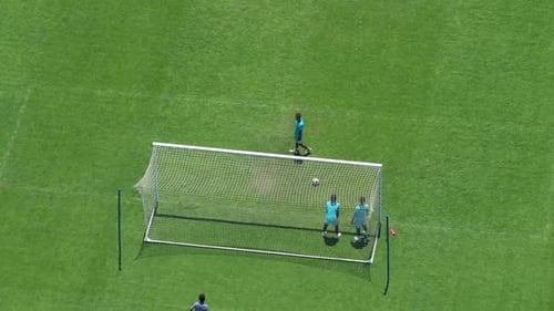 Goalkeeper training session during football practice on a green pitch