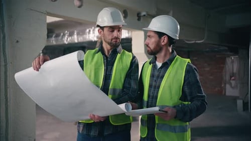 Kaukasisch: Zwei Menschen, Männer, Architekten, Ingenieure, Männer, Bauarbeiter in Helmen, Schutzhelmen und Westen
