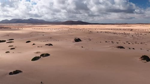 Aerial Over Fuerteventura Dunes Desert Plain Turbines Volcanoes