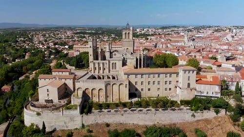 Flying towards a medieval cathedral in France
