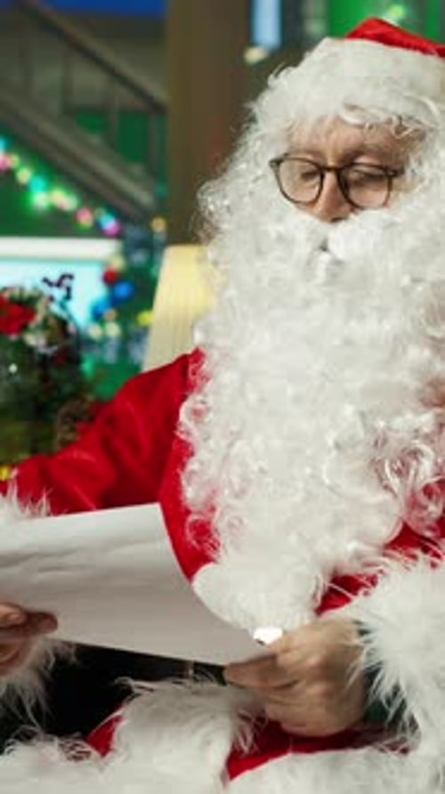 Vertical Video Man Dressed As Santa Claus Character Opening Letter Received From Kids
