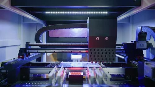 Automated pick and place machine assembling electronic components on pcb