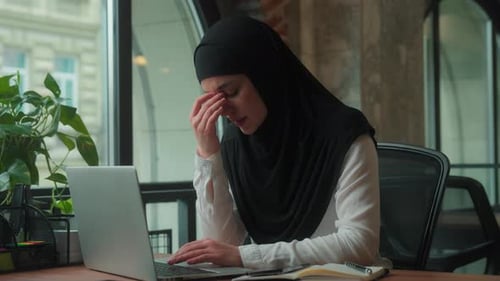 Bad Feeling Muslim Islamic Business Woman Female Girl Businesswoman in Hijab Suffering Migraine