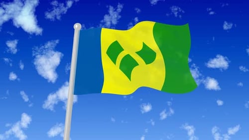 Saint Vincent and the Grenadines National Flag Waving in Blue Sky