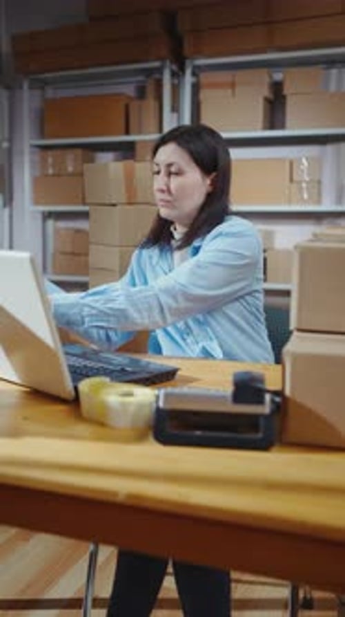 Female Uses the Barcode Scanner of the Warehouse Box Vertical Video